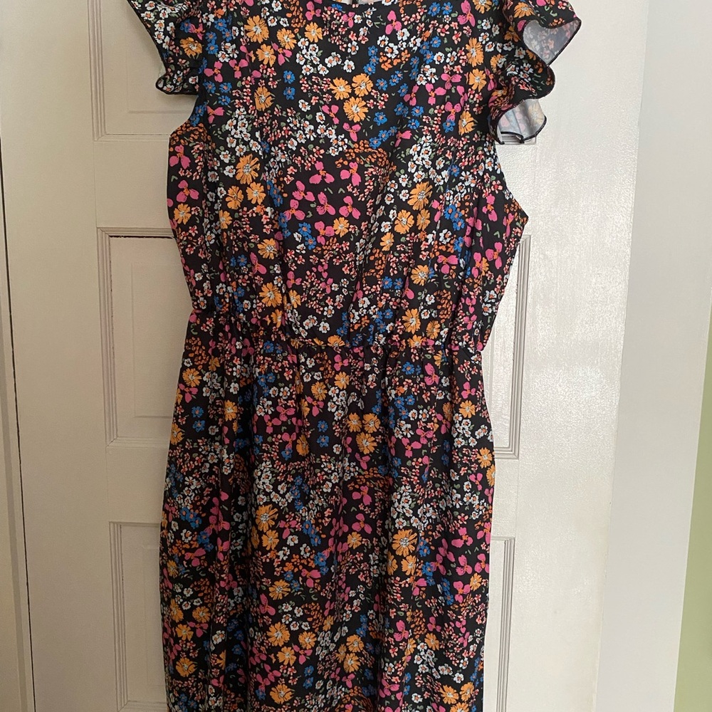 SHEIN Curve Black Floral Ruffle Midi Dress with Pink Yellow Blue Accents